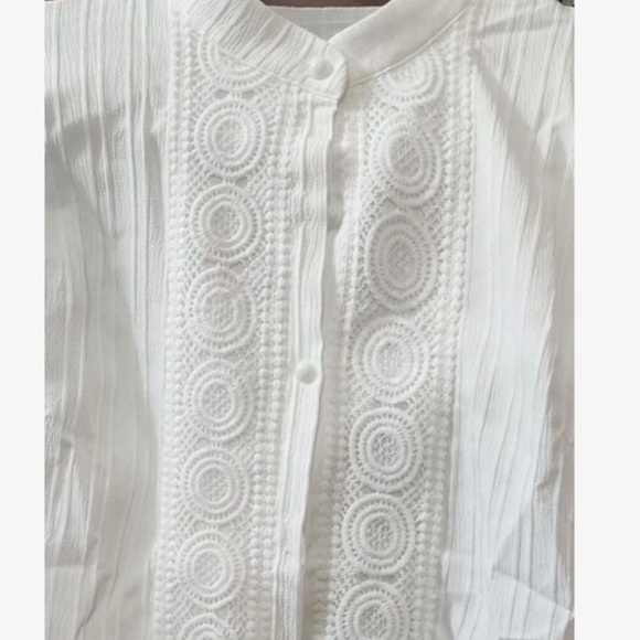 White Embroidered Lace Button Down French Style Shirt Long Sleeve - Picture 11 of 11
